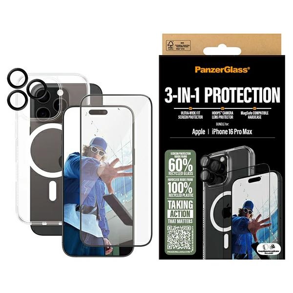 PanzerGlass rinkinys 3in1 iPhone 16 Pro Max 6.9" D3O kietasis dėklas + Apsauginis stiklas UWF + lęšis B1294+2864+1284