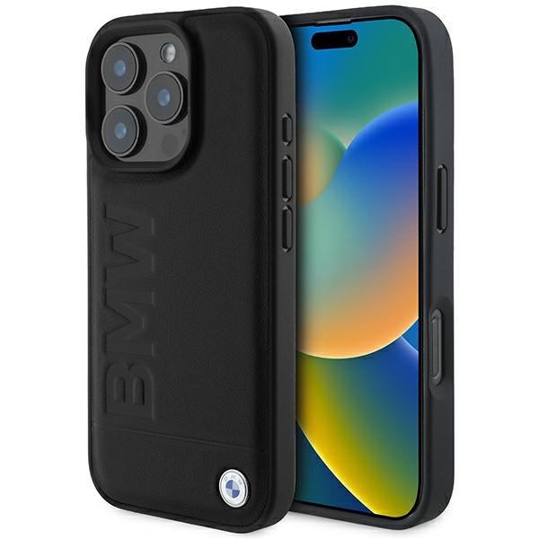 BMW Leather Hot Stamp MagSafe dėklas iPhone 16 Pro - juodas