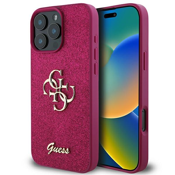 Guess Blizgus Užrašas Didelis 4G Dėklas telefonui iPhone 16 Pro - violetinis