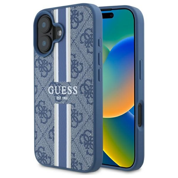 Guess 4G Spausdintos Juostos Magnetinis Dėklas telefonui iPhone 16 - mėlynas