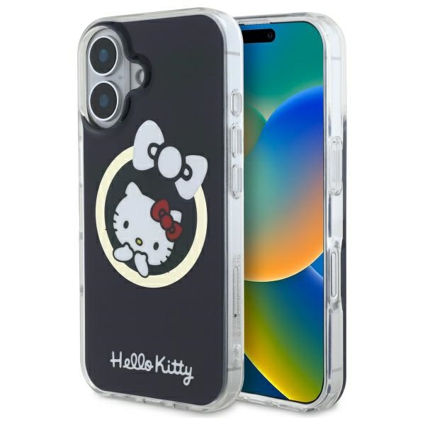 Hello Kitty IML Linksmas kaspinas magnetinis iPhone 16 dėklas - juodas
