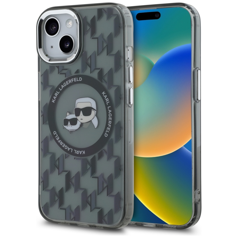 Karl Lagerfeld IML Monograma Karl & Choupette Head Magnetinis iPhone 15 Plus dėklas - juodas