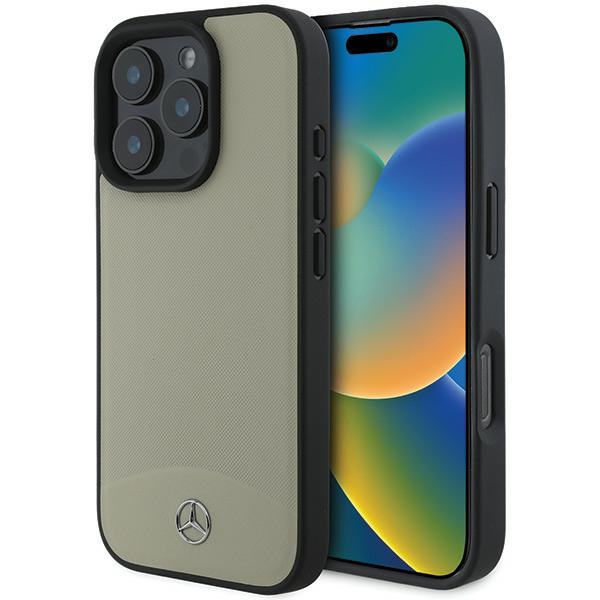 Mercedes MB tekstūruotos ir lygios odos magnetinis dėklas iPhone 16 Pro Max - smėlio spalvos