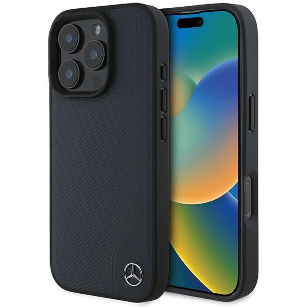 Mercedes MB MagSafe dėklas iPhone 16 Pro Max iš odos, imitacijos medžio - Tamsiai mėlynas