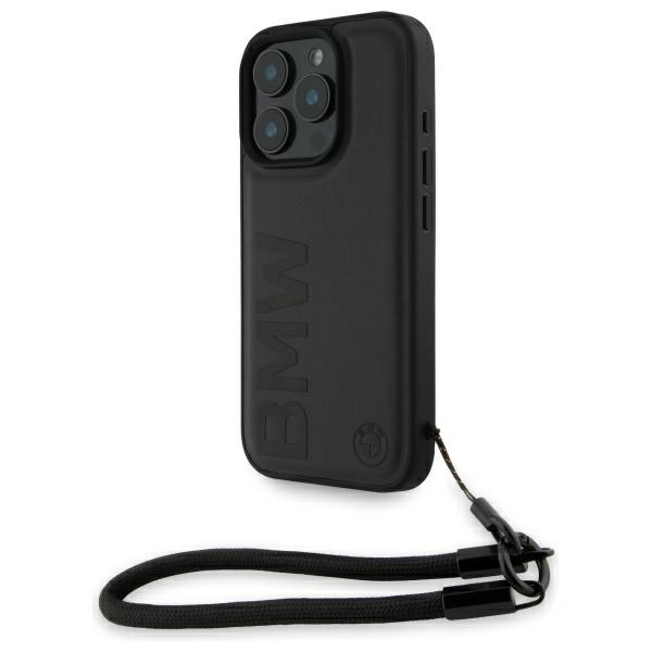 BMW Signature Leather Wordmark Cord Case for iPhone 16 Pro - Juodas