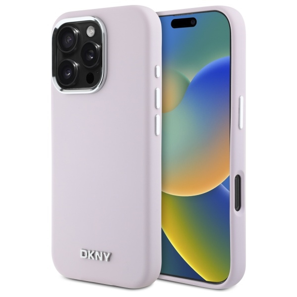 DKNY skystas silikoninis su mažu metaliniu logotipu Magnetinis dėklas telefonui iPhone 16 Pro Max - rožinis