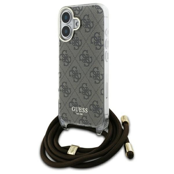 Guess Crossbody Cord 4G Print dėklas su dirželiu iPhone 16 - rudas
