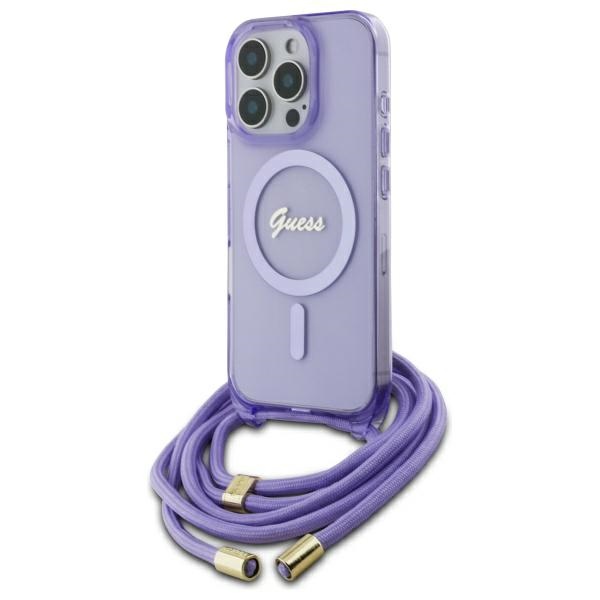 Guess Crossbody Cord Script Magnetinis dėklas iPhone 16 Pro Max - violetinis