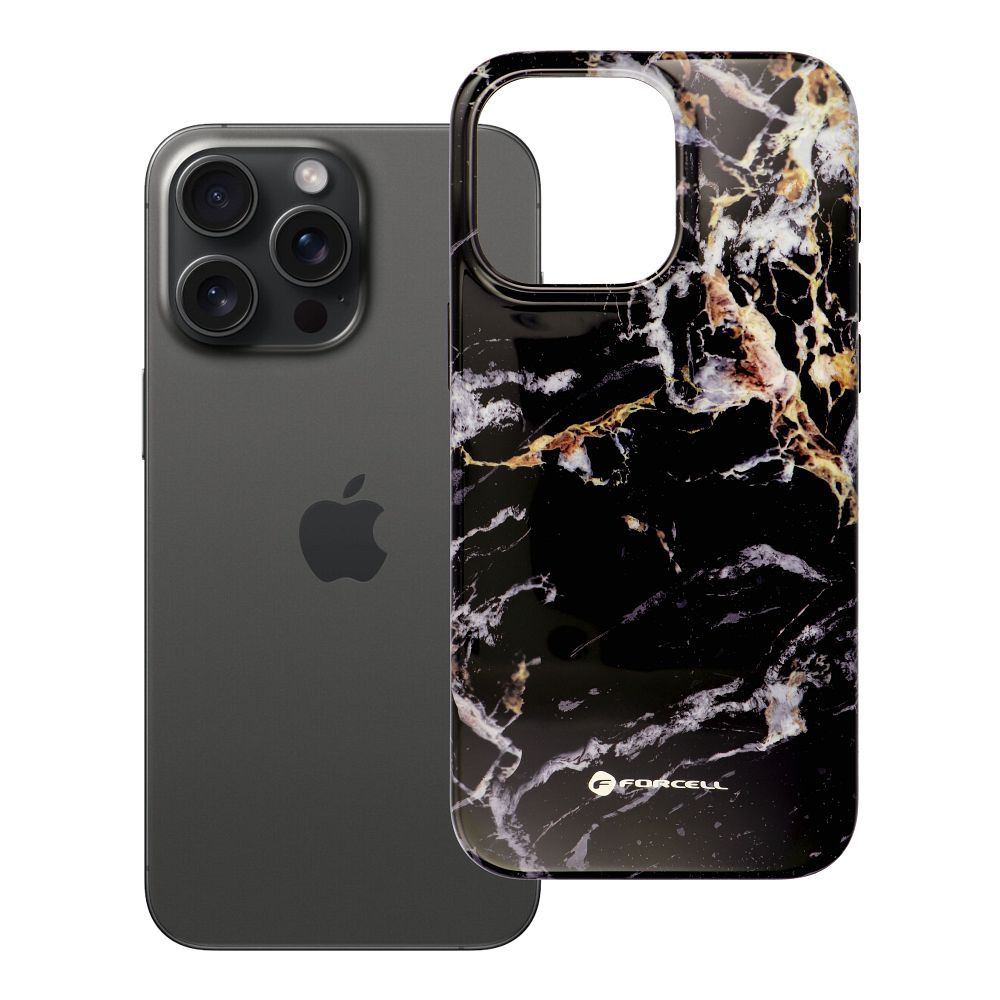 FORCELL F-PROTECT Mirage, karinio standarto išbandytas dėklas telefonui su MagSafe, skirtas IPHONE 15 PRO MAX, juodo marmuro spalvos