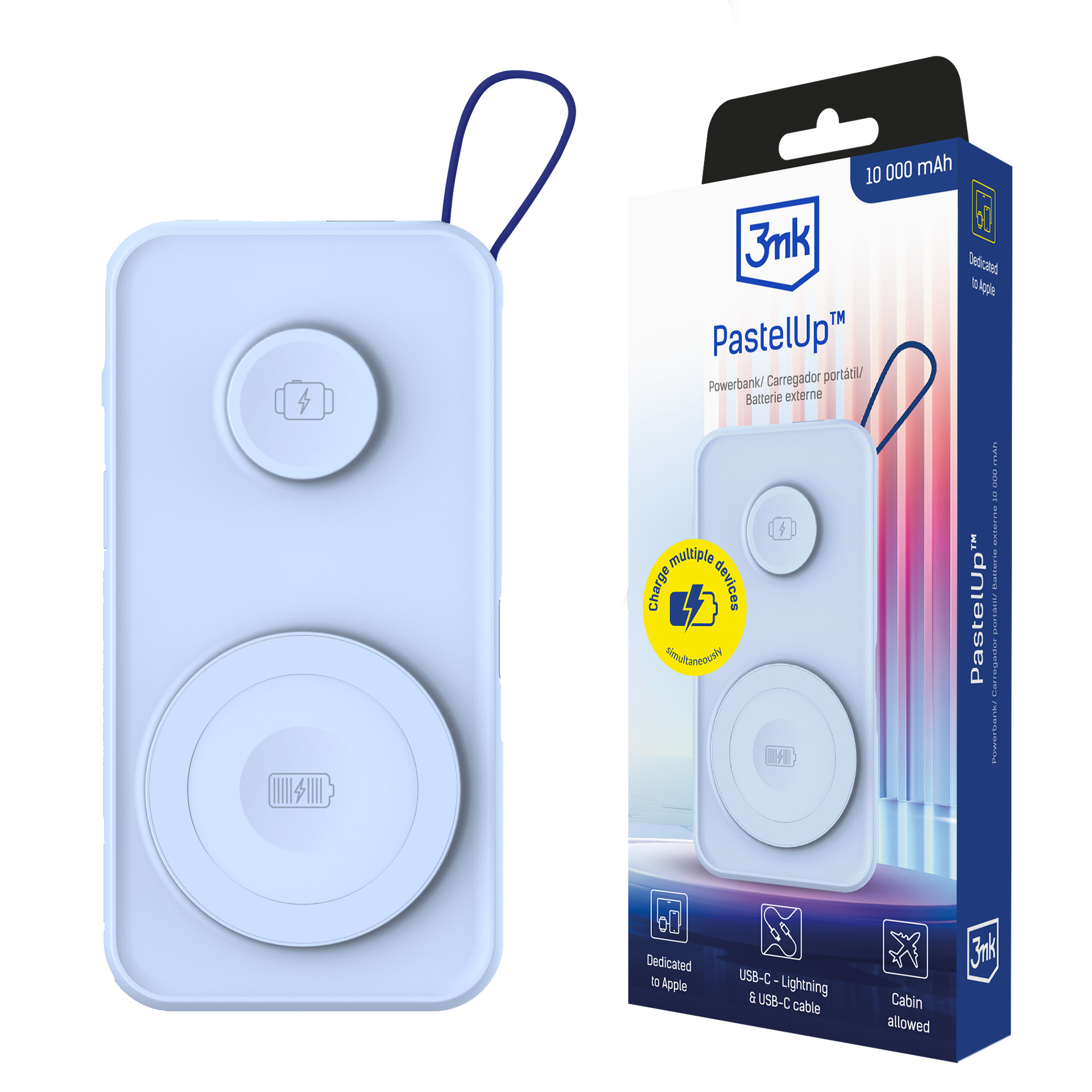 3mk PastelUp 10000mAh 22.5W USB 1A1C Išorinė baterija (f) - mėlyna