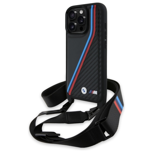 BMW M leidimas anglies trispalvės linijos ir dirželis dėklas iPhone 16 Pro - juodas