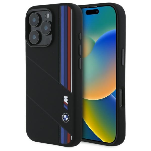 BMW silikoninis išpjautas trispalvės linijos Magnetinis dėklas telefonui iPhone 16 Pro - juodas