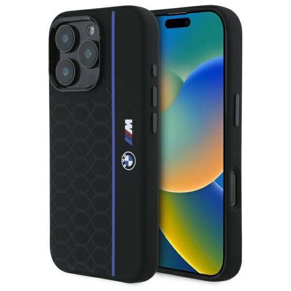 BMW silikoninis šešiakampis mėlyna linija Magnetinis dėklas telefonui iPhone 16 Pro - juodas