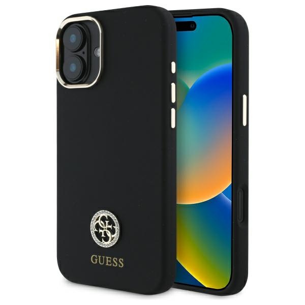 Guess Silikoninis Logo Strass 4G dėklas iPhone 16 - juodas