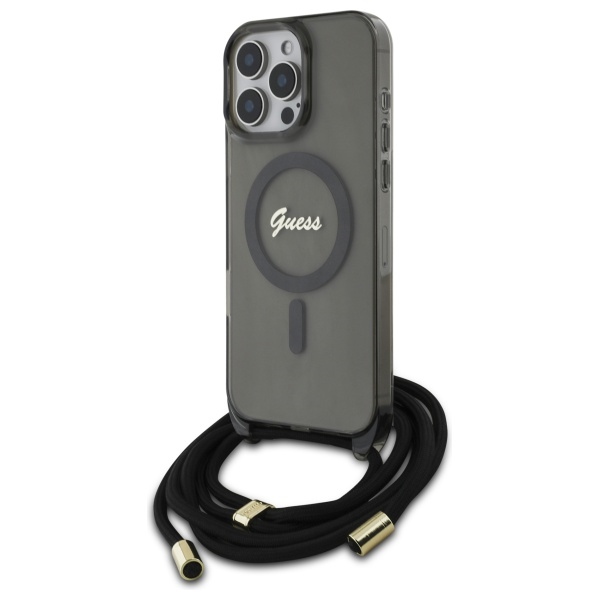 Guess Kryžminis Laidas Užrašas Magnetinis dėklas iPhone 16 Pro - juodas