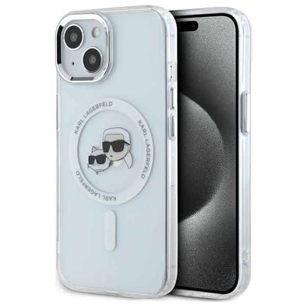 Karl Lagerfeld IML Metal Karl&Choupette galvos MagSafe iPhone 14 dėklas – baltas