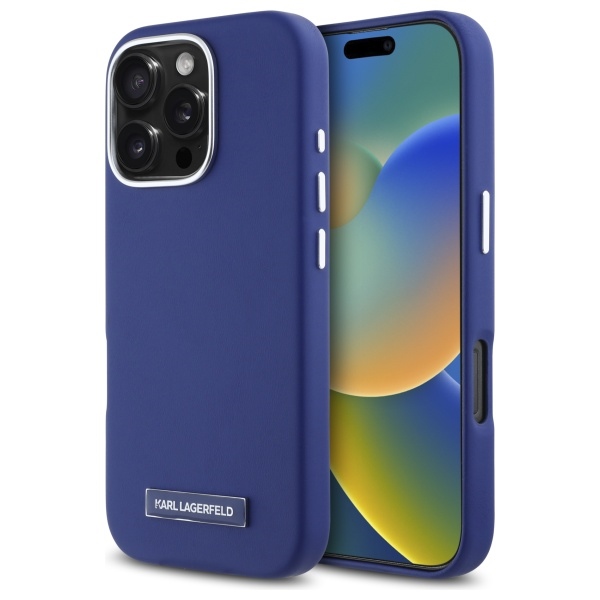 Karl Lagerfeld FW Metal Plate Magnetinis dėklas telefonui iPhone 16 Pro Max - mėlynas
