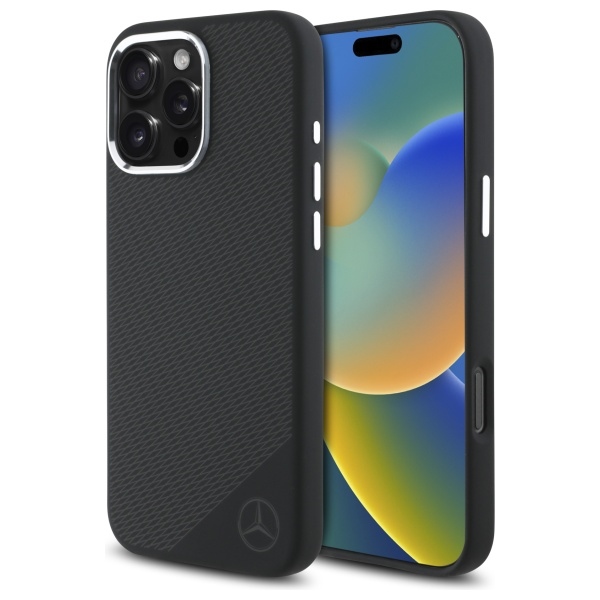 Mercedes MEHMP16L23SUGDK iPhone 16 Pro 6.3" juodas kietasis dėklas silikoninis su toniniu logotipu ir medžio raštu Magnetinis (MagSafe)