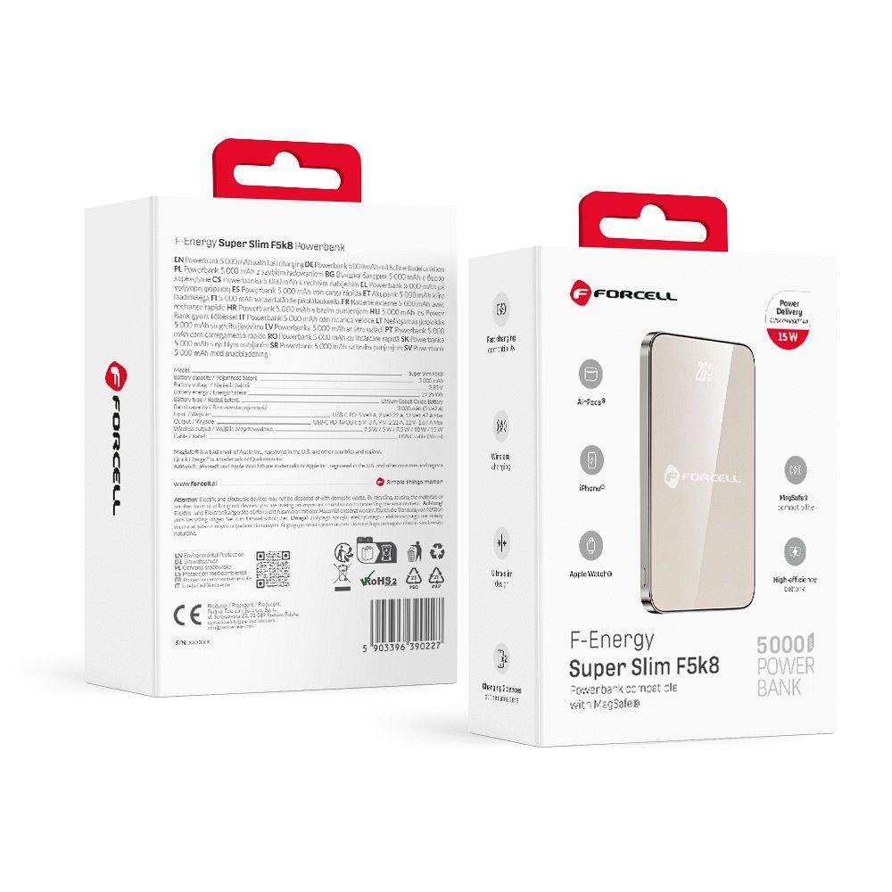 Išorinė baterija saderinta su MagSafe Forcell F-Energy SuperSlim F5K8 QC4.0 PD3.0 15W 5000 mAh titano dykumos spalva