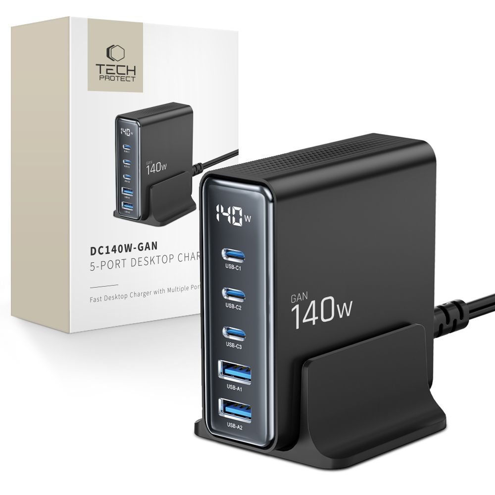 "Tech-Protect" DC140W-GAN 5 PRIETAIS PD140W/QC3.0 įkrovimo stotelė - juoda