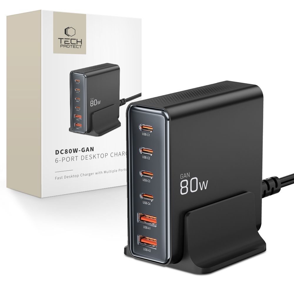 "Tech-protect DC80W-GAN" 6 PRIETAISŲ PD80W/QC3.0 įkrovimo stotelė - juoda