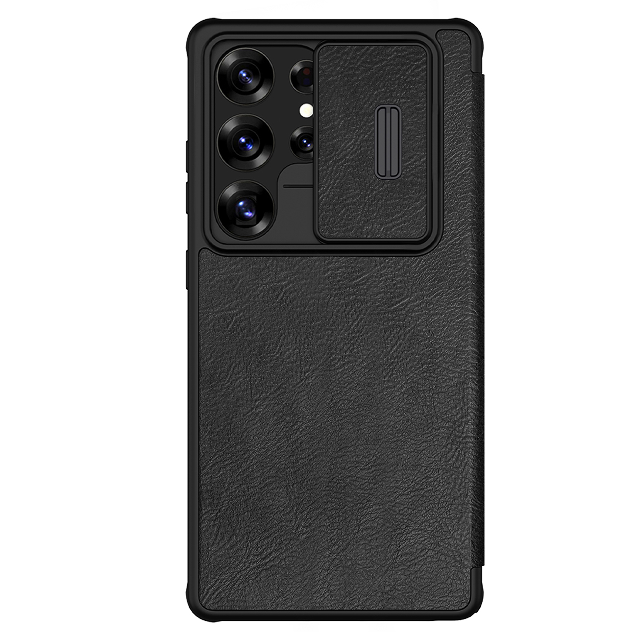 Nillkin Qin Pro dėklas telefonui Samsung Galaxy S25 Ultra su atvartu ir kameros dangteliu - Juodas