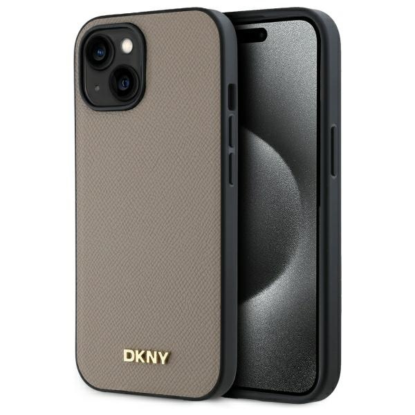 DKNY Grained Metal Logo Magnetinis iPhone 15 dėklas - smėlio spalvos