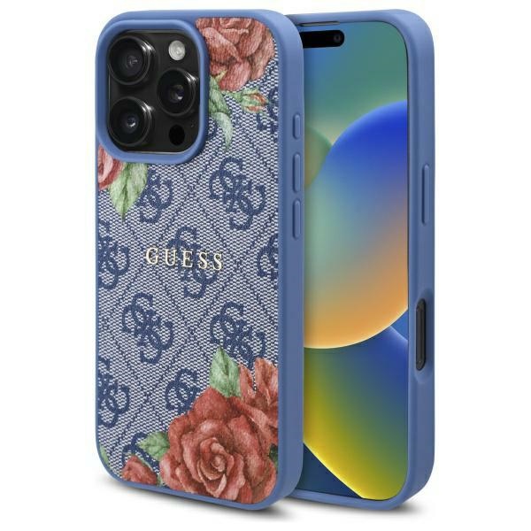 Guess 4G Flowers Print MagSafe dėklas telefonui iPhone 16 Pro Max - mėlynas