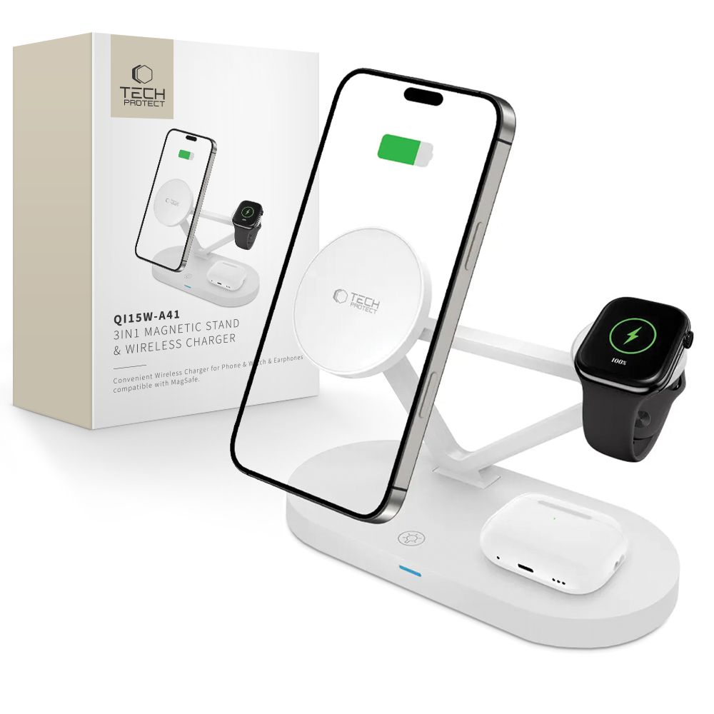 Tech-Protect QI15W-A41 3в1 Беспроводное зарядное устройство с MagSafe для устройств Apple - белый