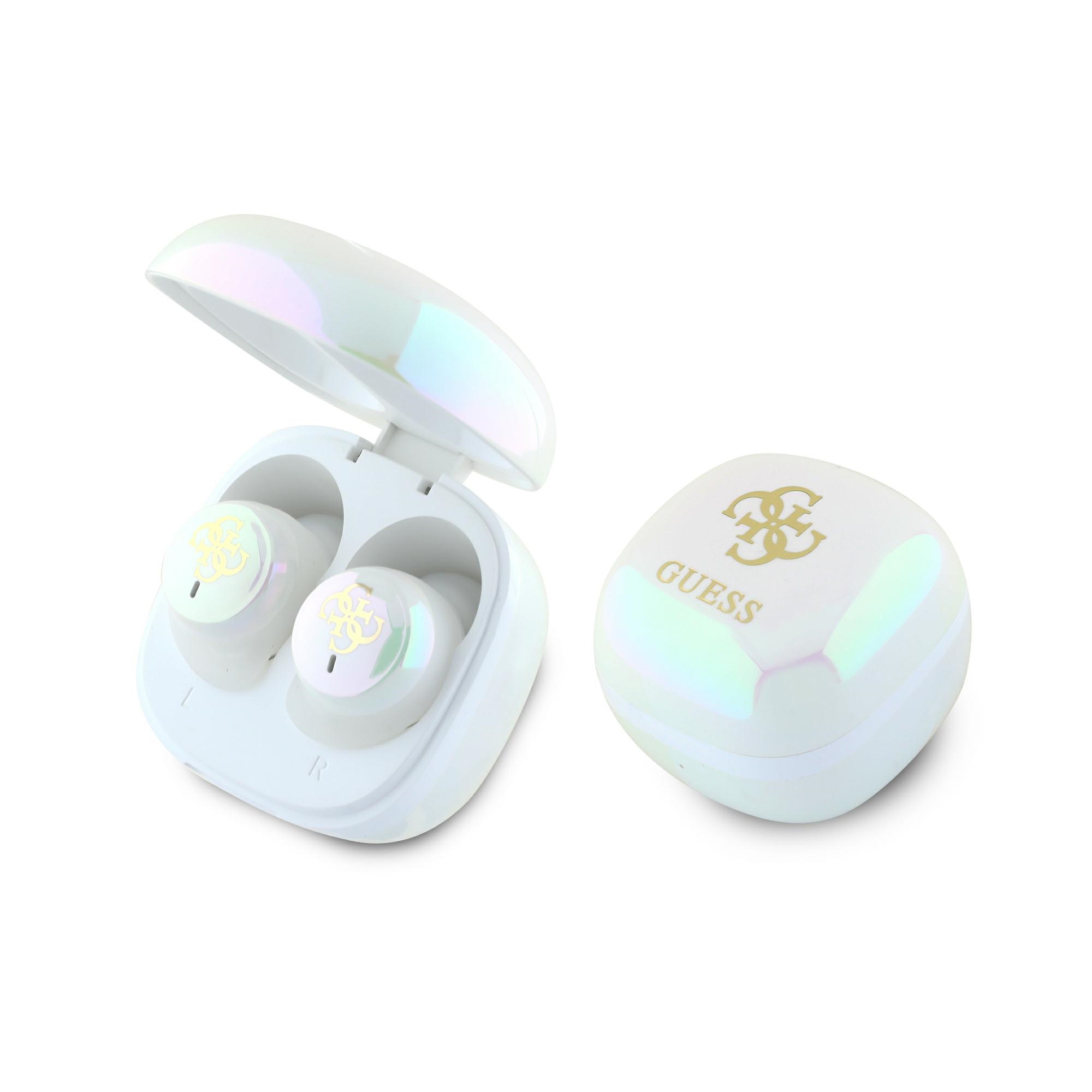 Guess Bluetooth ausinės GUTWSJ144ESH TWS + įkrovimo stotelė baltos/baltos perlamutrinės 4G spausdintas logotipas