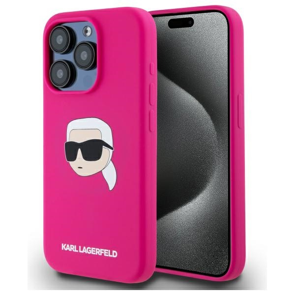 Karl Lagerfeld KLHMP15XSKHPPLF iPhone 15 Pro Max 6.7" kietasis silikoninis dėklas telefonui su Karl Head spauda ir Magnetine MagSafe funkcija, fuksinė