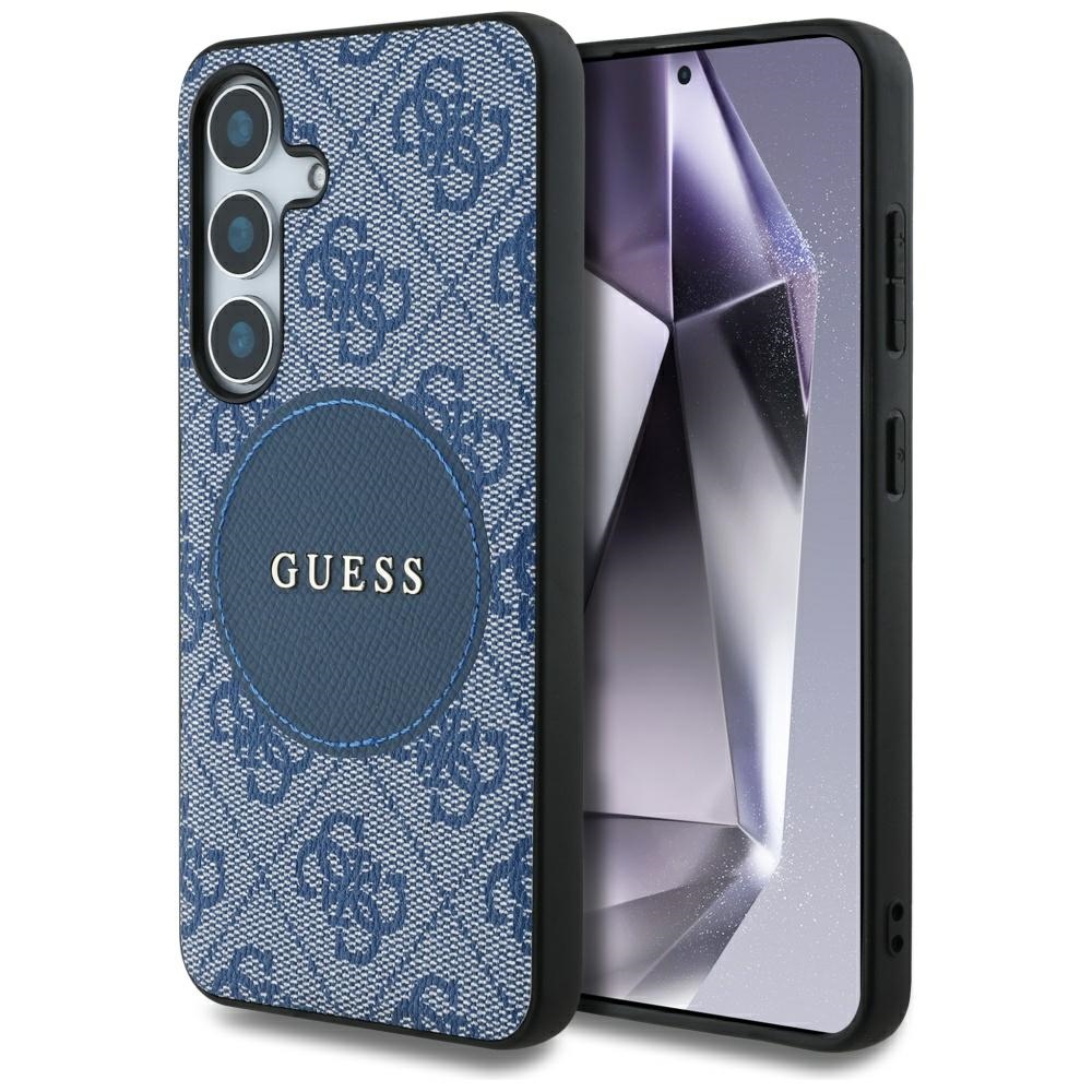 Dėklas telefonui Guess 4G Round Patch Classic Logo MagSafe Samsung Galaxy S25 Plus mėlynas