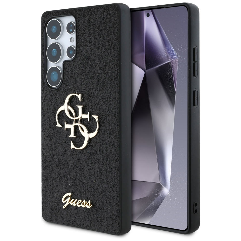 Guess blizgus didelis 4G metalinio logotipo dėklas telefonui Samsung Galaxy S25 Ultra juodas