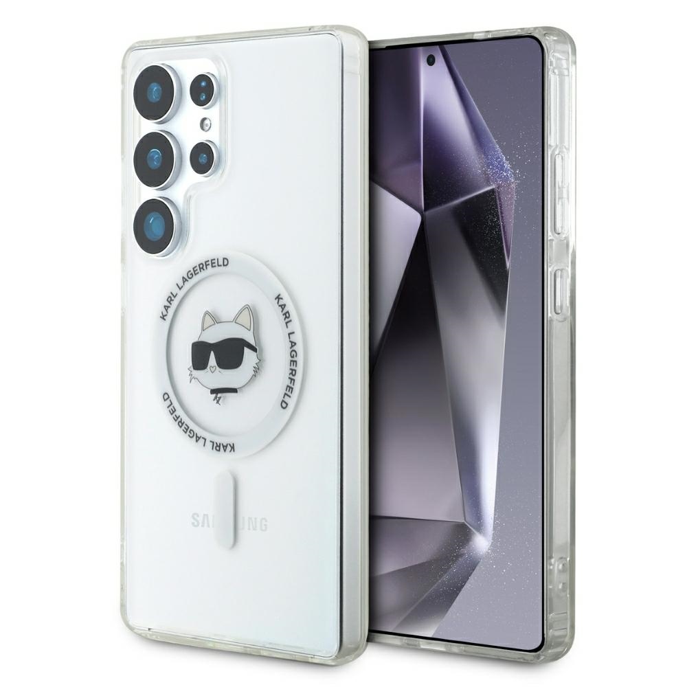 Karl Lagerfeld mygtukinis Choupette Head atspausdintas logotipas Magnētinis Samsung Galaxy S25 Ultra dėklas baltas