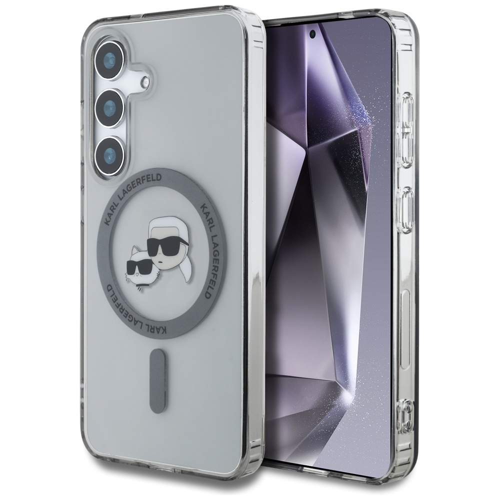 Dėklas telefonui Karl Lagerfeld Button Karl & Choupette Heads Išspausdintas logotipas MagSafe Samsung Galaxy S25 Plus - juodas