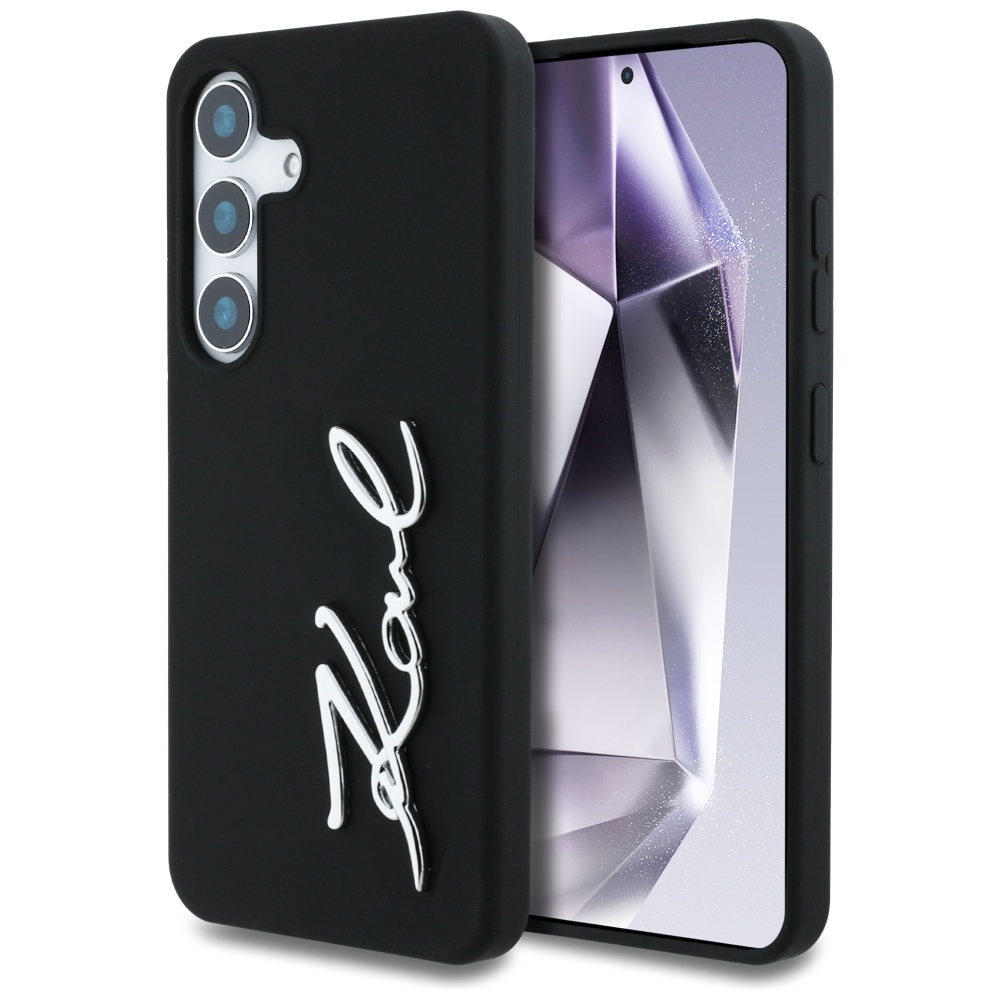 Karl Lagerfeld silikoninis metalinis parašo logotipas Samsung Galaxy S25 dėklas juodas