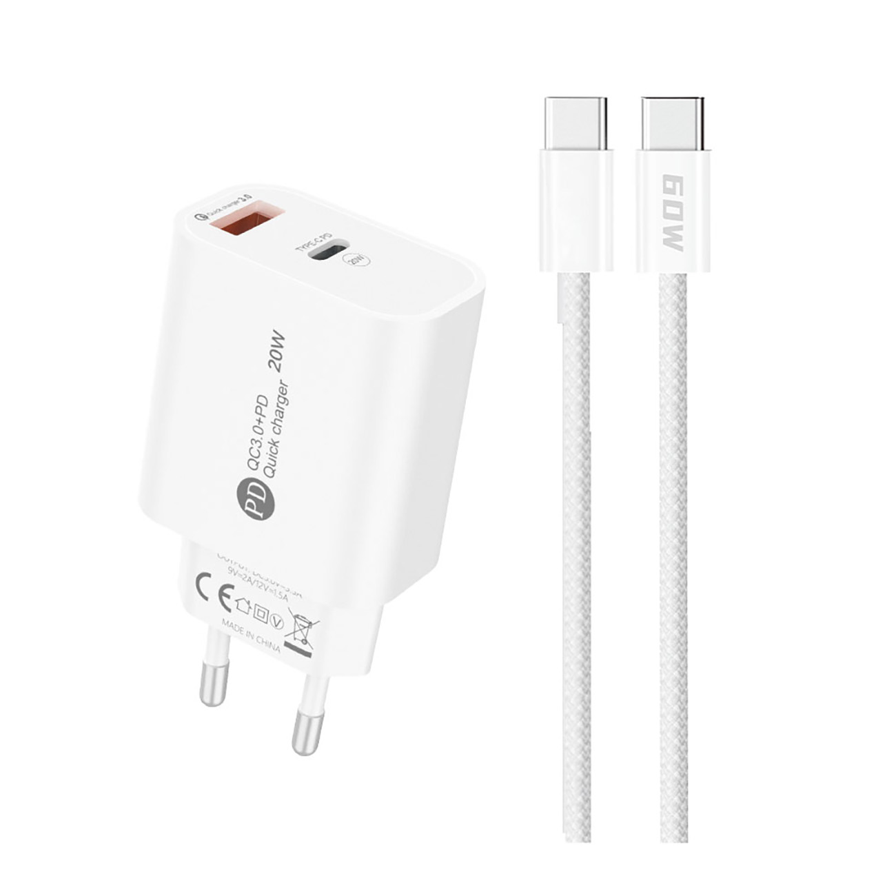 A6MaxL 20W USB-A USB-C sieninis įkroviklis su USB-C - USB-C 1m kabeliu – baltas