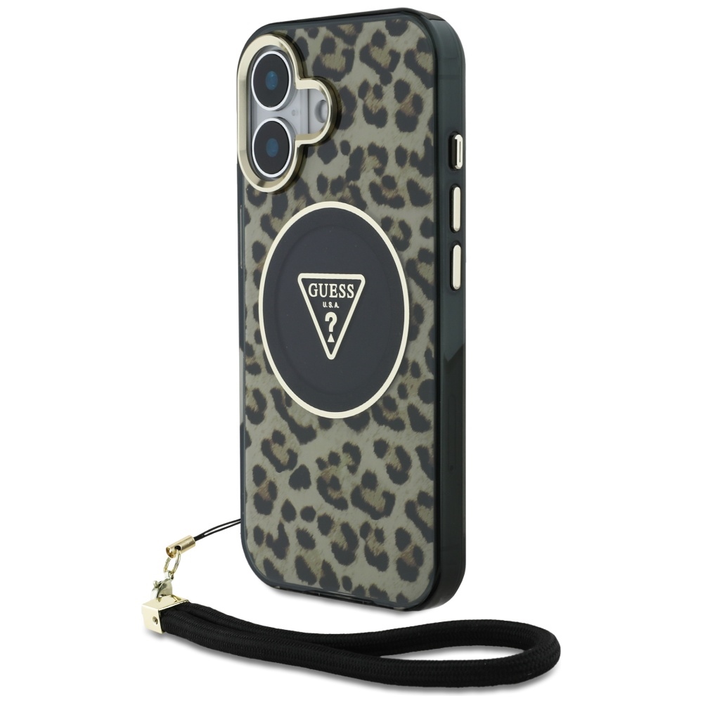 Guess HC IML leopardas trikampio virvelės dirželis MagSafe iPhone 16 dėklas - rudas