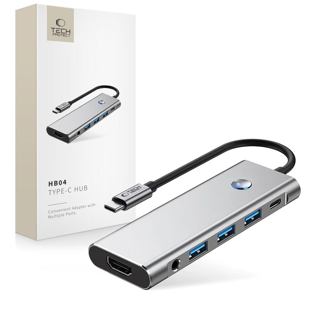 Tech-Protect HB04 HUB adapteris 9in1 USB-C + USB2.0 + USB3.0 + HDMI 4K 60Hz + SD / TF + PD100W + AV3.5 - pilkas