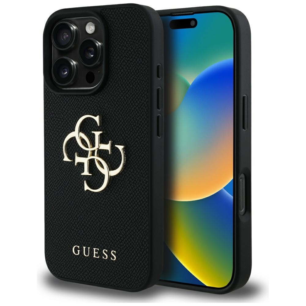 Guess grūdėtas didelis 4G logotipas mažas klasikinis logotipas dėklas iPhone 16 Pro Max - juodas