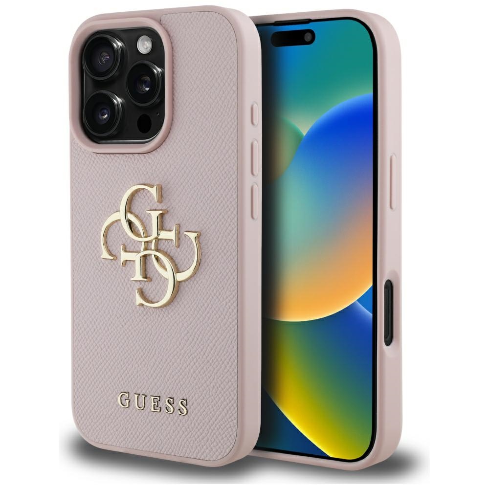 Guess grūdėtas didelis 4G logotipas mažas klasikinis logotipas dėklas iPhone 16 Pro - rožinis