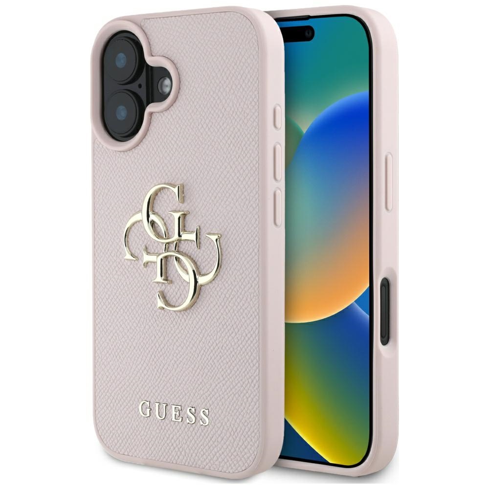 Guess grūdėtas didelio 4G logotipo klasikinis dėklas telefonui iPhone 16 - rožinė