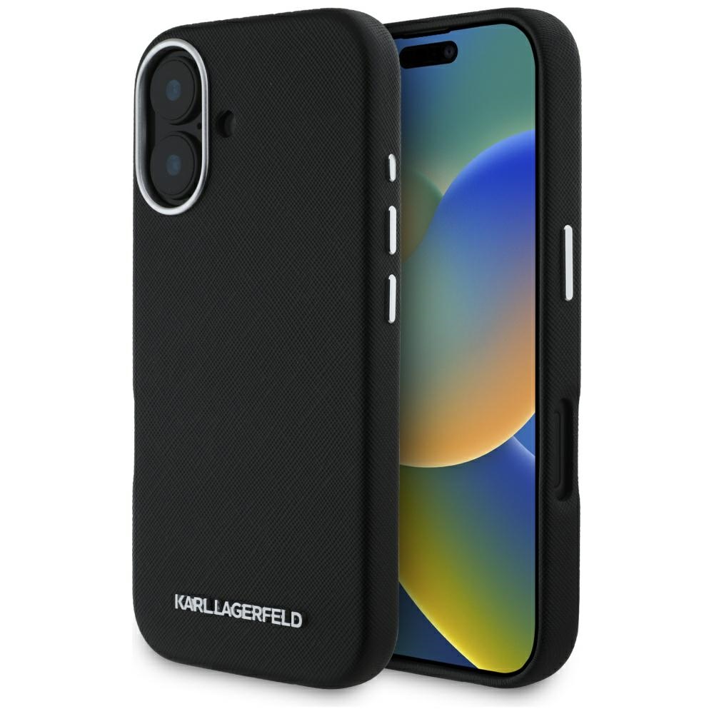 Karl Lagerfeld Saffiano pilnai aptrauktas pailgo metalinio logotipo magnetinis dėklas telefonui iPhone 16 - juodas