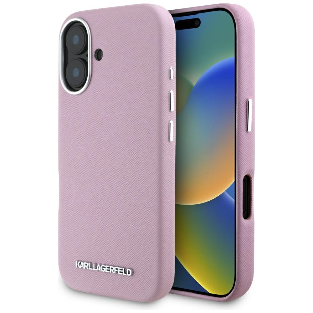 Karl Lagerfeld Saffiano pilnai aptrauktas pailgo metalinio logotipo magnetinis dėklas telefonui iPhone 16 - rožinis