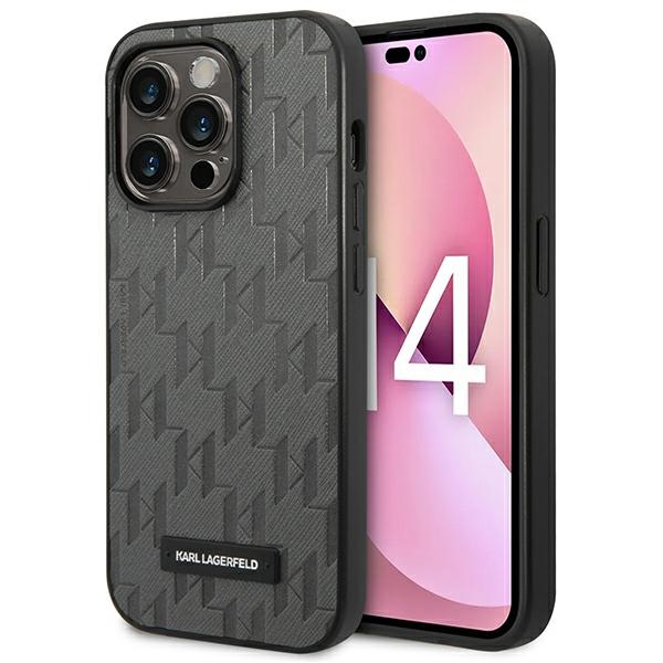 Karl Lagerfeld Saffiano Mono Metalinis Logotipas iPhone 14 Pro Max 6.7" Dėklas - pilka