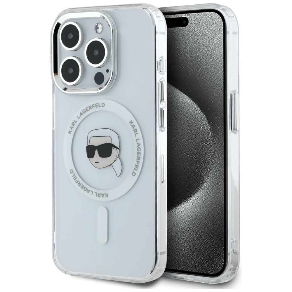 Karl Lagerfeld IML Metalinis Karl Galvos Magnetinis dėklas iPhone 15 Pro baltas