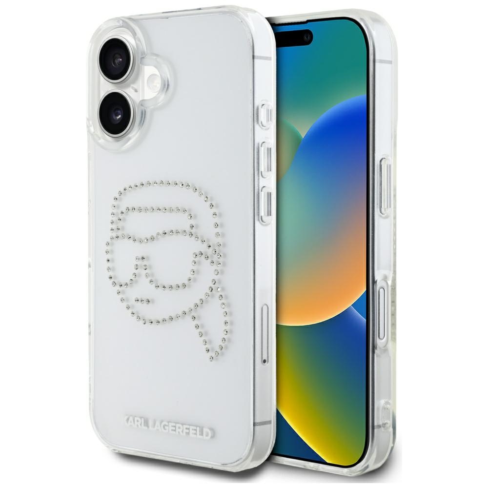 Karl Lagerfeld IML Rhinestones Karl Head Case dėklas telefonui iPhone 16 skaidrus