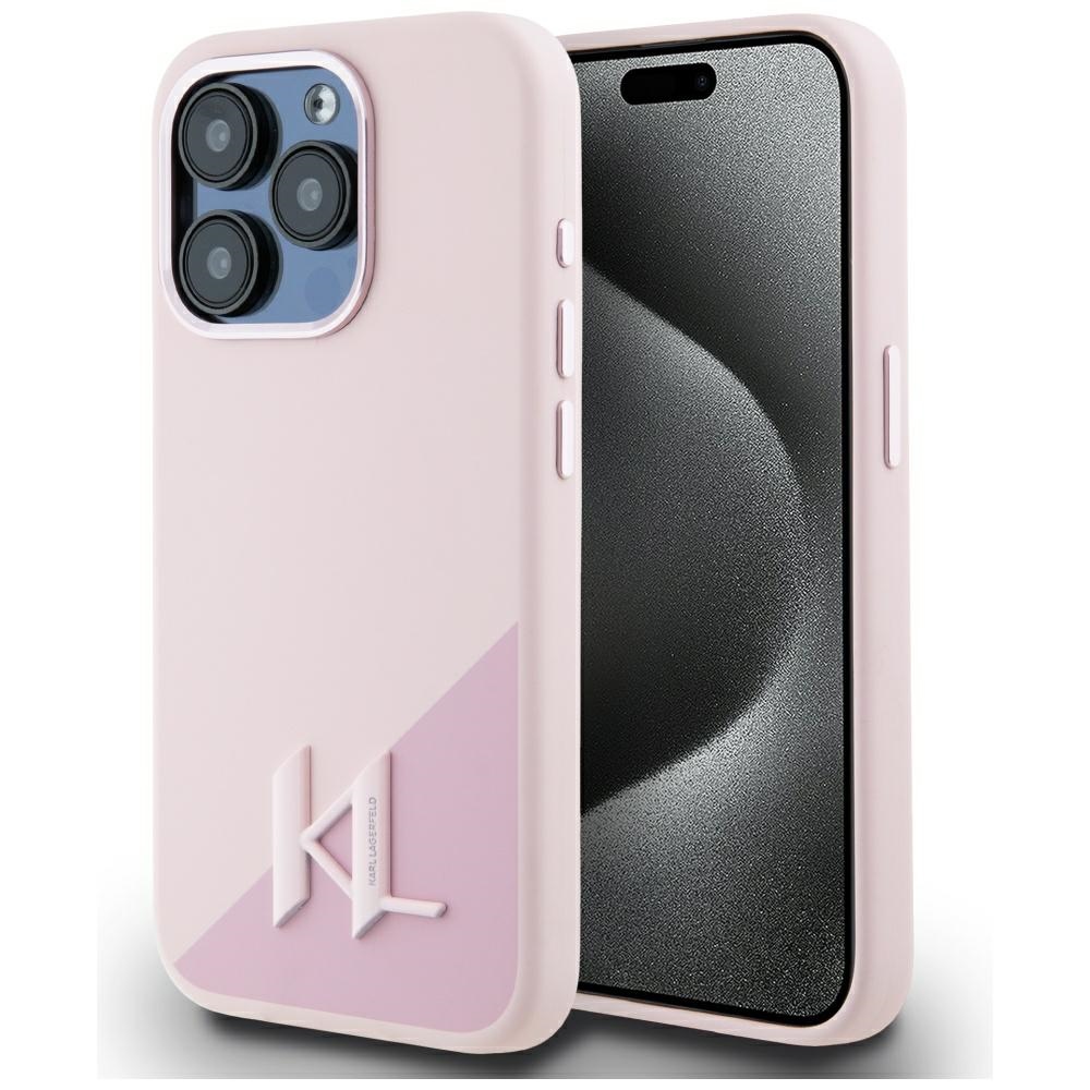 Karl Lagerfeld silikoninis Magnetinis dėklas telefonui su metalinėmis inicialų šešėlio detalėmis iPhone 15 Pro, rožinis