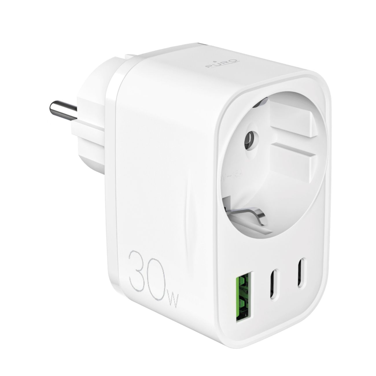 Puro 30W Power Delivery įkroviklis su Schuko kištuku ir lizdu 2x USB-C + 1x USB-A - baltas