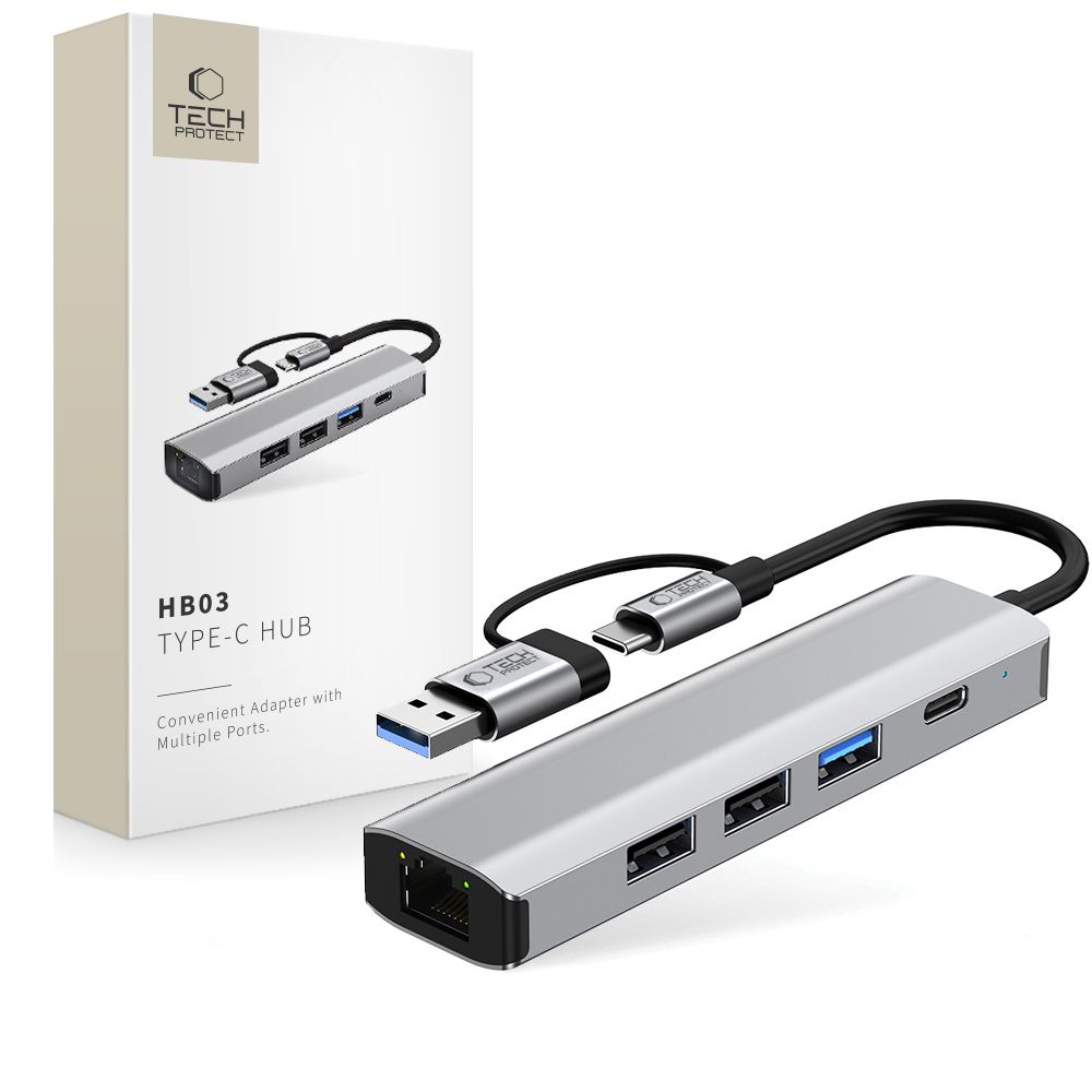 "Tech-Protect" HB03 HUB adapteris 5in1 USB-C + USB2.0 + USB3.0 + RJ45 - pilkas